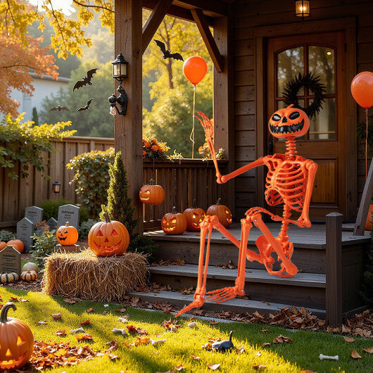 5.2 FT Orange Life-Size Poseable Halloween Skeleton with Pumpkin Head and Movable Joints LuxuryLifeWay Online Store