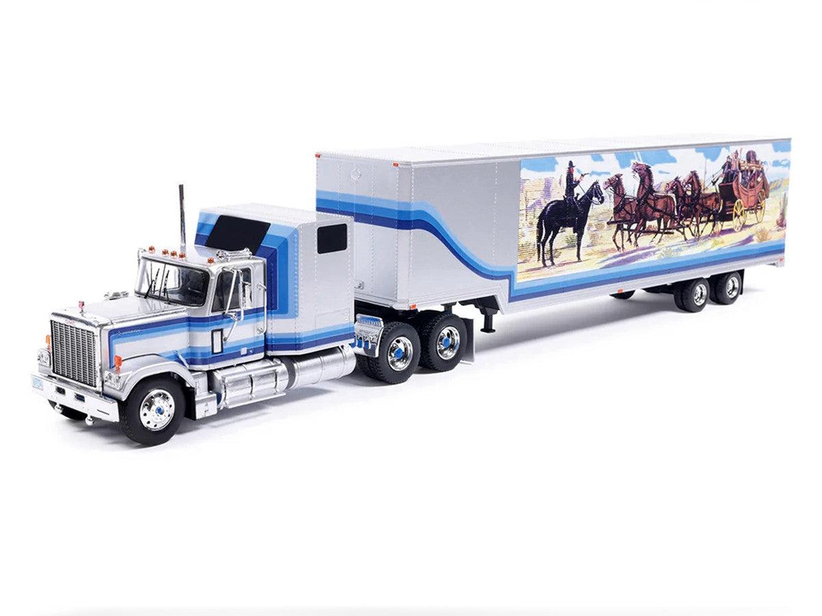 1980 GMC General Truck Tractor with Sleeper Cab and Trailer Silver Metallic with Blue Stripes 1/43 Diecast Model by IXO Models LuxuryLifeWay Online Store