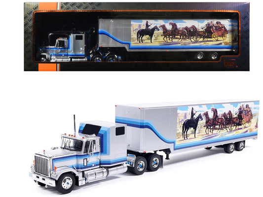 1980 GMC General Truck Tractor with Sleeper Cab and Trailer Silver Metallic with Blue Stripes 1/43 Diecast Model by IXO Models LuxuryLifeWay Online Store