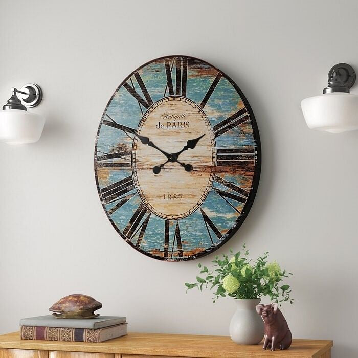 Turquoise Oversized Distressed Paris Wood Wall Clock LuxuryLifeWay Online Store