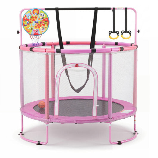 55" Trampoline for Kids with Adjustable Gymnastics Bar and Basketball Hoop for 3+-Yellow