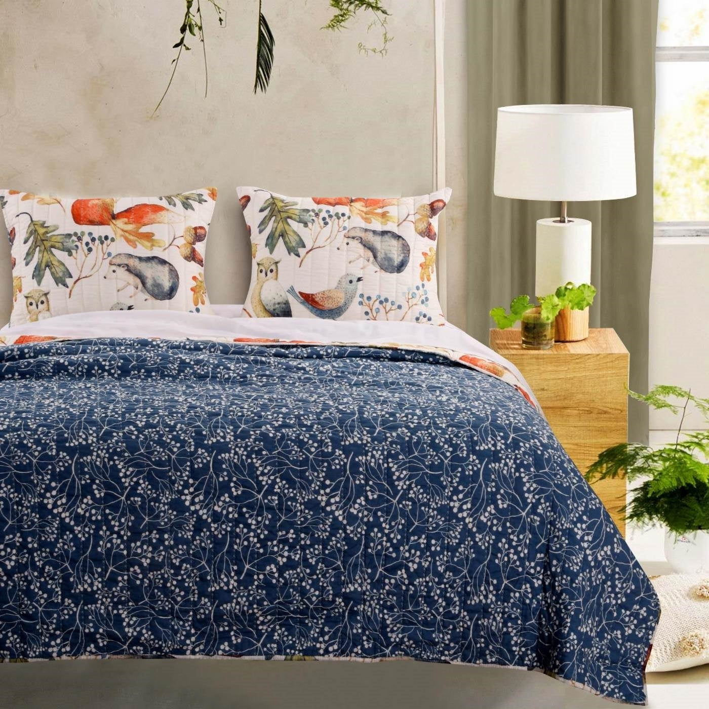 Twin 2-Piece Blue Beige Birds Animals Floral Reversible Quilt Set LuxuryLifeWay Online Store