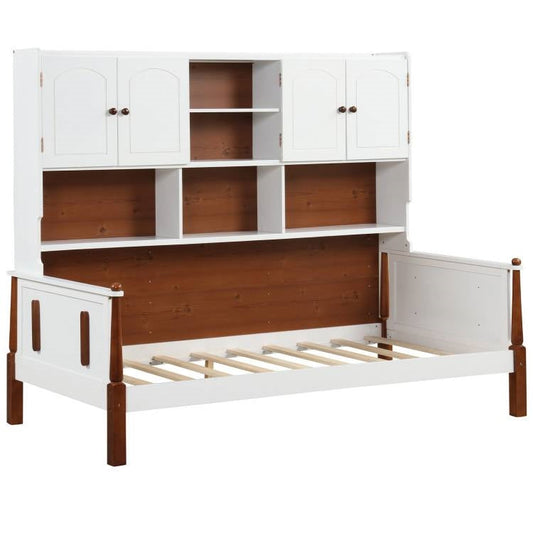 Twin size Vintage White Walnut Daybed with Bookcase Storage Cabinet Headboard LuxuryLifeWay Online Store