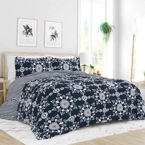 Twin size 3-Piece Navy Blue White Reversible Floral Striped Comforter Set LuxuryLifeWay Online Store