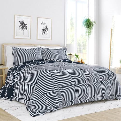 Twin size 3-Piece Navy Blue White Reversible Floral Striped Comforter Set LuxuryLifeWay Online Store