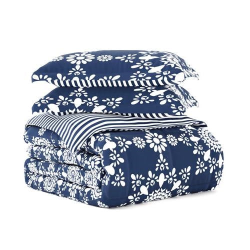 Twin size 3-Piece Navy Blue White Reversible Floral Striped Comforter Set LuxuryLifeWay Online Store