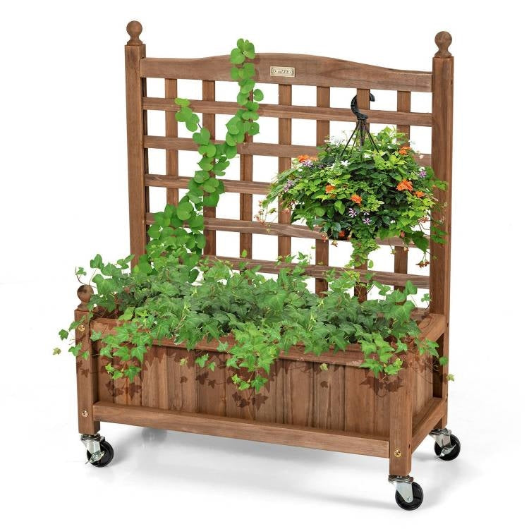 Solid Fir Wood Outdoor Raised Garden Bed Planter Box Cart on Wheels with Trellis LuxuryLifeWay Online Store