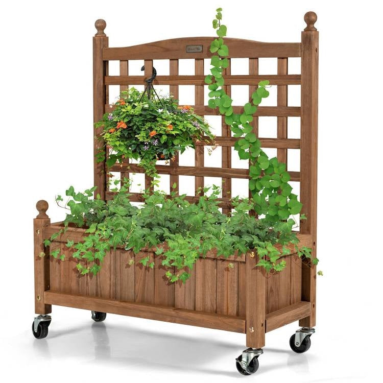 Solid Fir Wood Outdoor Raised Garden Bed Planter Box Cart on Wheels with Trellis LuxuryLifeWay Online Store