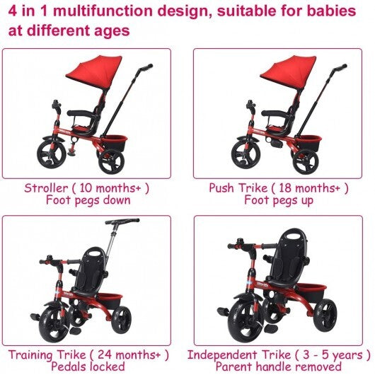 4-in-1 Kids Tricycle with Adjustable Push Handle-Red - Color: Red LuxuryLifeWay Online Store