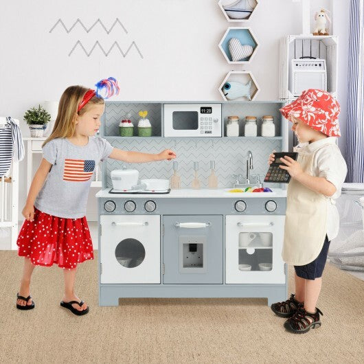 Pretend Play Kitchen Wooden Toy Set for Kids with Realistic Light and Sound