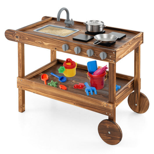 Outdoor Movable Mud Kitchen with 2 Rolling Wheels and 1 Push Handle-Natural LuxuryLifeWay Online Store