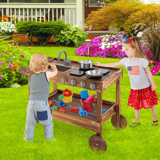Outdoor Movable Mud Kitchen with 2 Rolling Wheels and 1 Push Handle-Natural LuxuryLifeWay Online Store