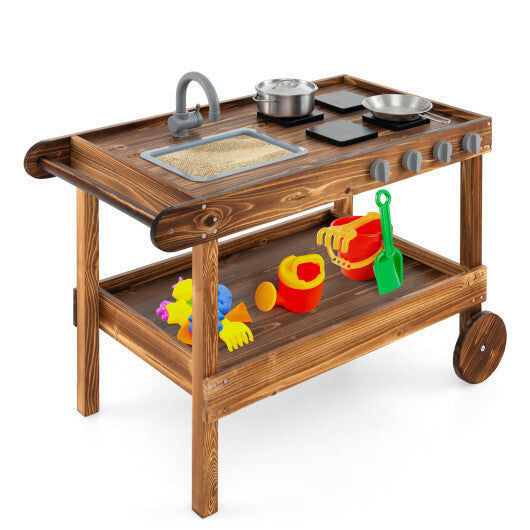 Outdoor Movable Mud Kitchen with 2 Rolling Wheels and 1 Push Handle-Natural LuxuryLifeWay Online Store