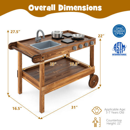 Outdoor Movable Mud Kitchen with 2 Rolling Wheels and 1 Push Handle-Natural LuxuryLifeWay Online Store