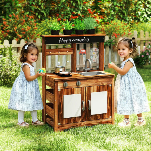 Mud Kitchen Fir Wood Play Kitchen with 4 Panting Pots Faucet Removable Sink-Natural LuxuryLifeWay Online Store