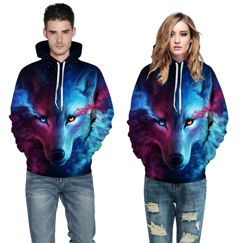 Wolf Hoodie, Couple Hoodie, Blue Sweatshirt