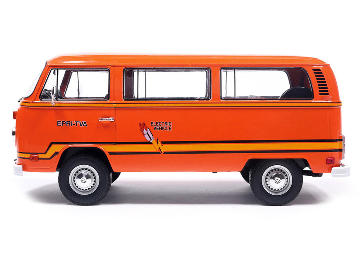 1978 Volkswagen Type 2 Bus "Elektrotransporter" Orange with Yellow Stripes 1/18 Diecast Model by IXO Models LuxuryLifeWay Online Store