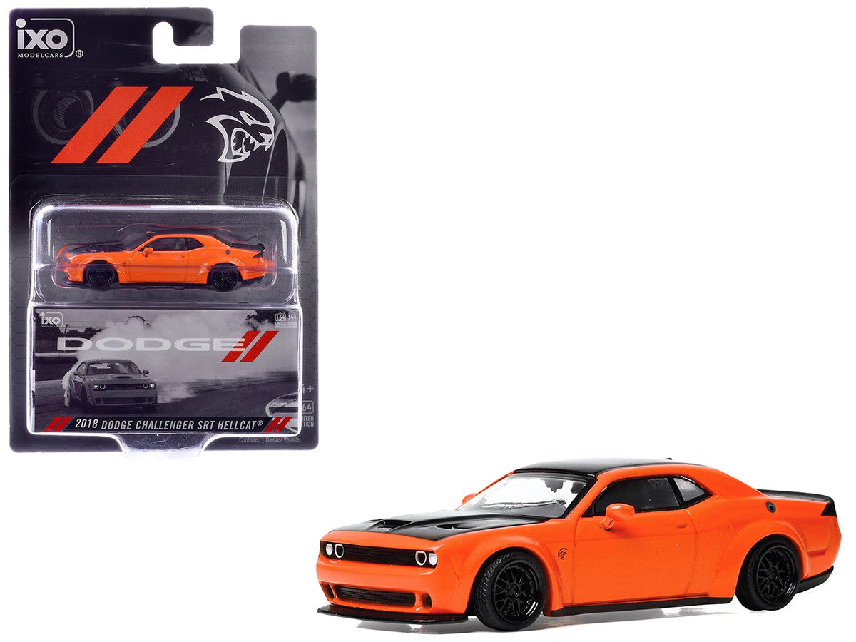 2018 Dodge Challenger SRT Hellcat Go Mango Orange with Matt Black Hood and Top 1/64 Diecast Model Car by IXO Models LuxuryLifeWay Online Store
