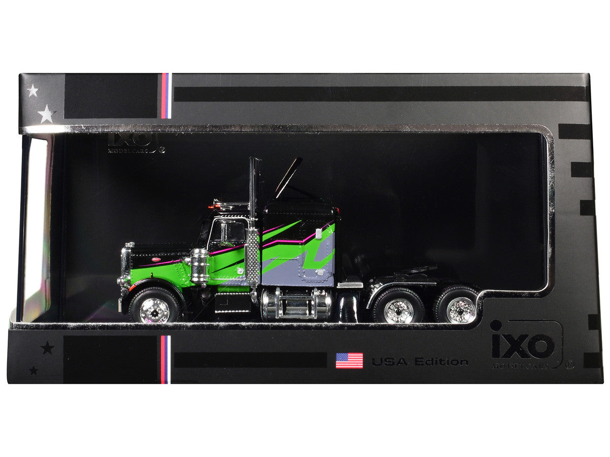 1973 Peterbilt 359 Truck Tractor Black and Lime Green with Graphics 1/64 Diecast Model by IXO Models LuxuryLifeWay Online Store
