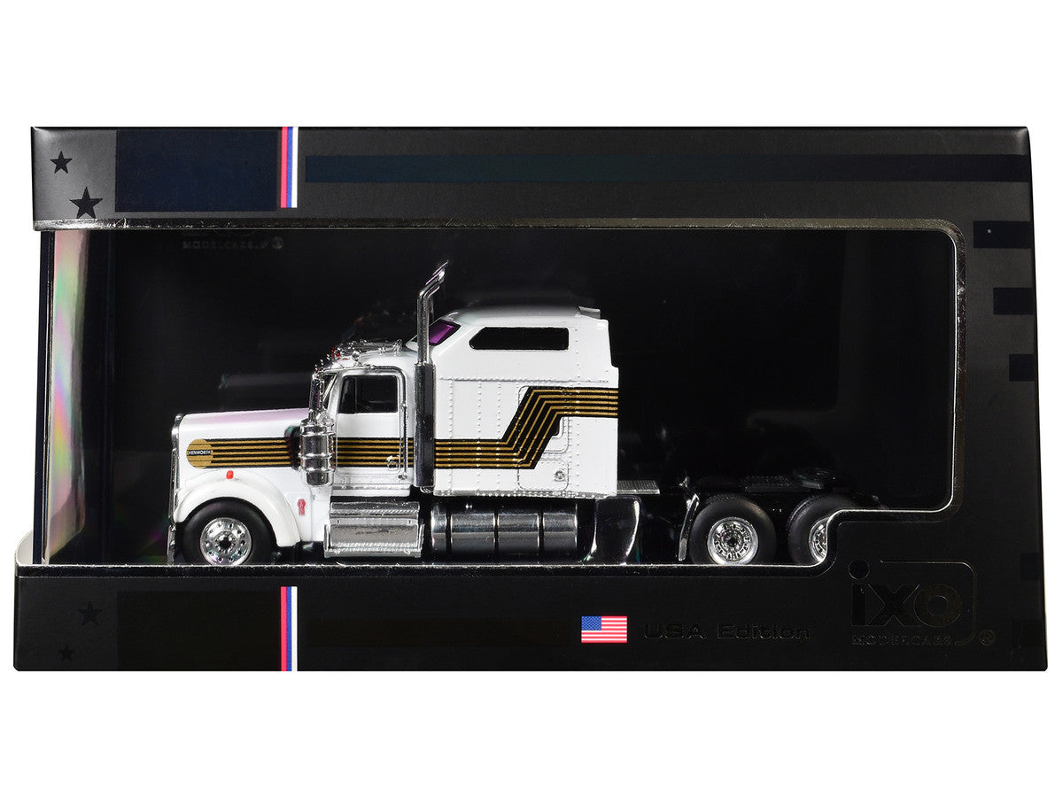 1995 Kenworth W900 Truck Tractor White with Black and Gold Stripes 1/64 Diecast Model by IXO Models LuxuryLifeWay Online Store