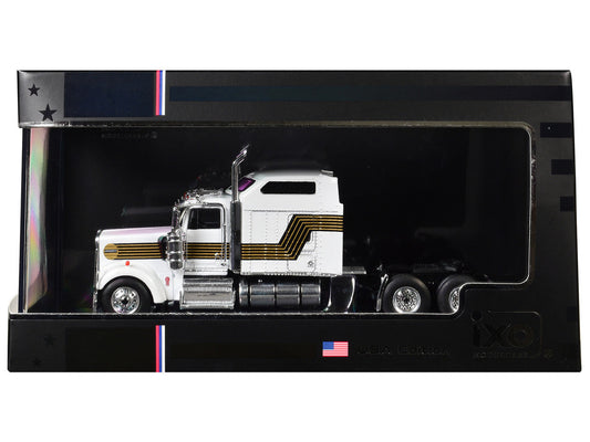 1995 Kenworth W900 Truck Tractor White with Black and Gold Stripes 1/64 Diecast Model by IXO Models LuxuryLifeWay Online Store