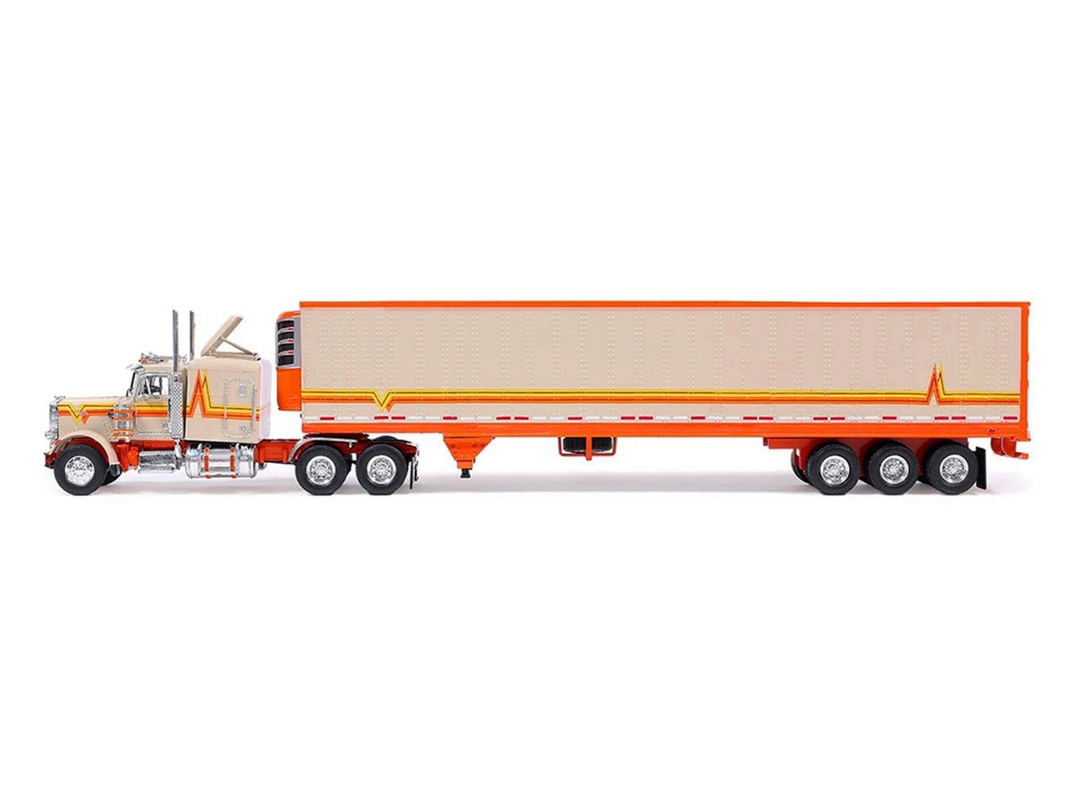 1973 Peterbilt 359 Truck Tractor with Sleeper Cab Cream with Orange and Yellow Stripes and Refrigerate Modern Trailer 1/64 Diecast Model Car by IXO Models LuxuryLifeWay Online Store