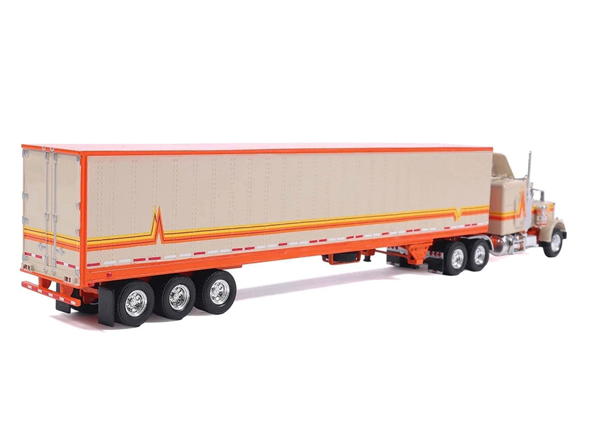 1973 Peterbilt 359 Truck Tractor with Sleeper Cab Cream with Orange and Yellow Stripes and Refrigerate Modern Trailer 1/64 Diecast Model Car by IXO Models LuxuryLifeWay Online Store