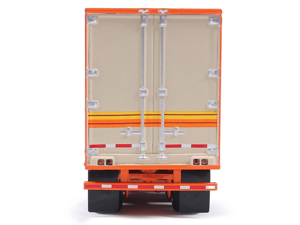 1973 Peterbilt 359 Truck Tractor with Sleeper Cab Cream with Orange and Yellow Stripes and Refrigerate Modern Trailer 1/64 Diecast Model Car by IXO Models LuxuryLifeWay Online Store