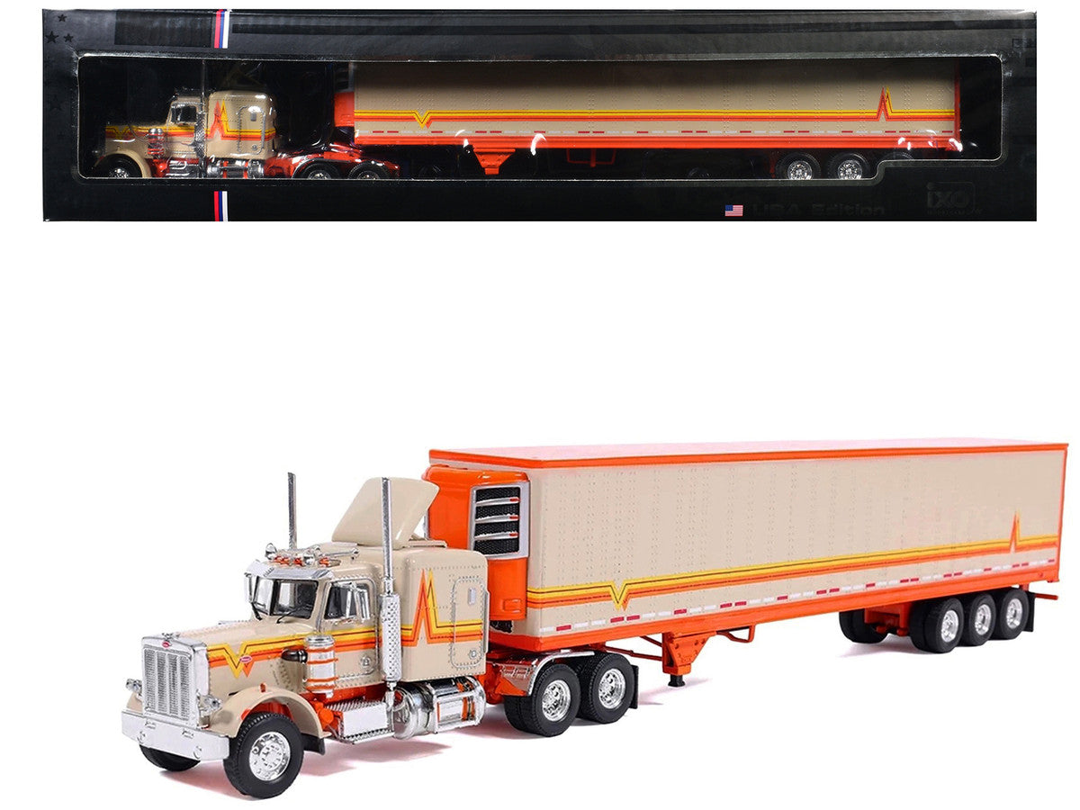 1973 Peterbilt 359 Truck Tractor with Sleeper Cab Cream with Orange and Yellow Stripes and Refrigerate Modern Trailer 1/64 Diecast Model Car by IXO Models LuxuryLifeWay Online Store
