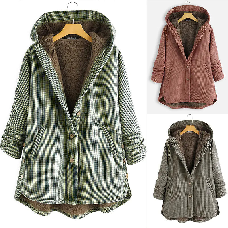Solid Color Button Hooded Jacket and Plaid Jacket