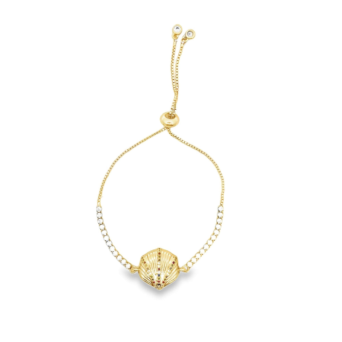 18K Gold Filled Adjustable Box Chain Bracelet With Clear and Multicolor CZ Stones And A Sea Shell Charm (I141) LuxuryLifeWay Online Store