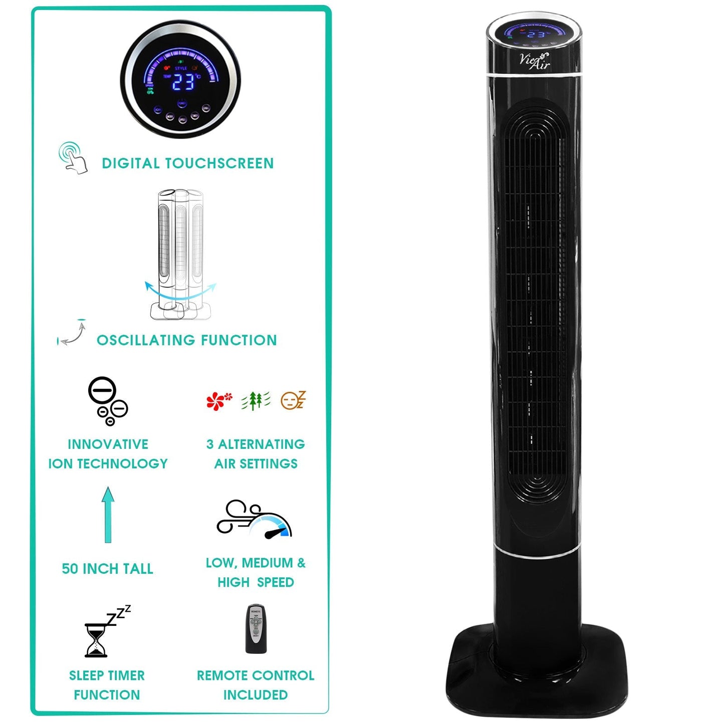 Vie Air 50 Inch Luxury Digital 3 Speed High Velocity Tower Fan with Fresh Air Ionizer and Remote Control in Black LuxuryLifeWay Online Store