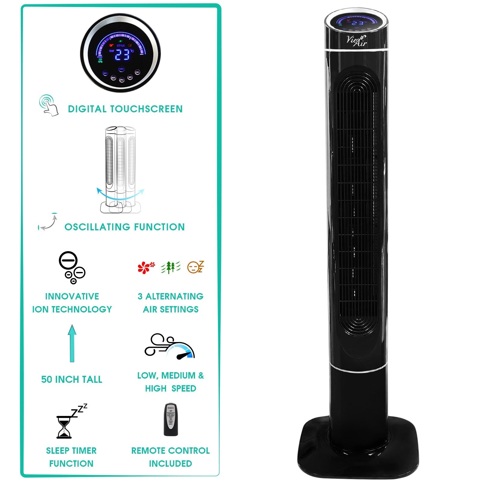 Vie Air 50 Inch Luxury Digital 3 Speed High Velocity Tower Fan with Fresh Air Ionizer and Remote Control in Black LuxuryLifeWay Online Store