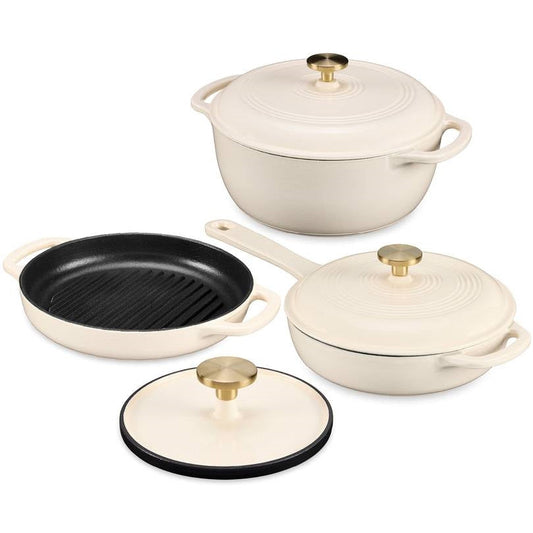 Cream 6-Piece Non-Stick Cast Iron Cookware Set - Skillet Grill Pan Dutch Oven LuxuryLifeWay Online Store