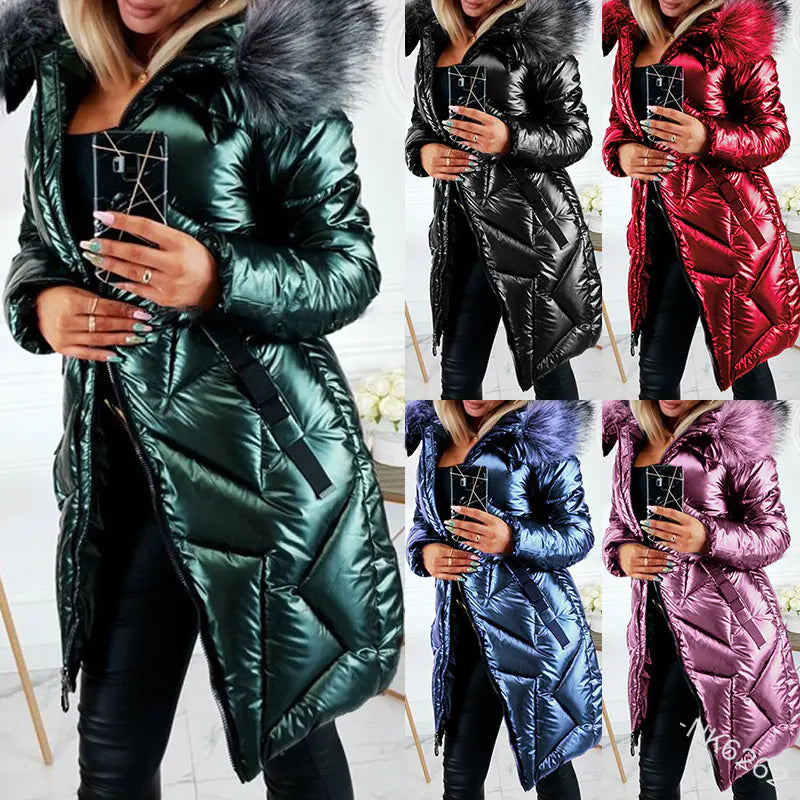 Women's Mid-length Solid Color Cotton Hooded Jacket