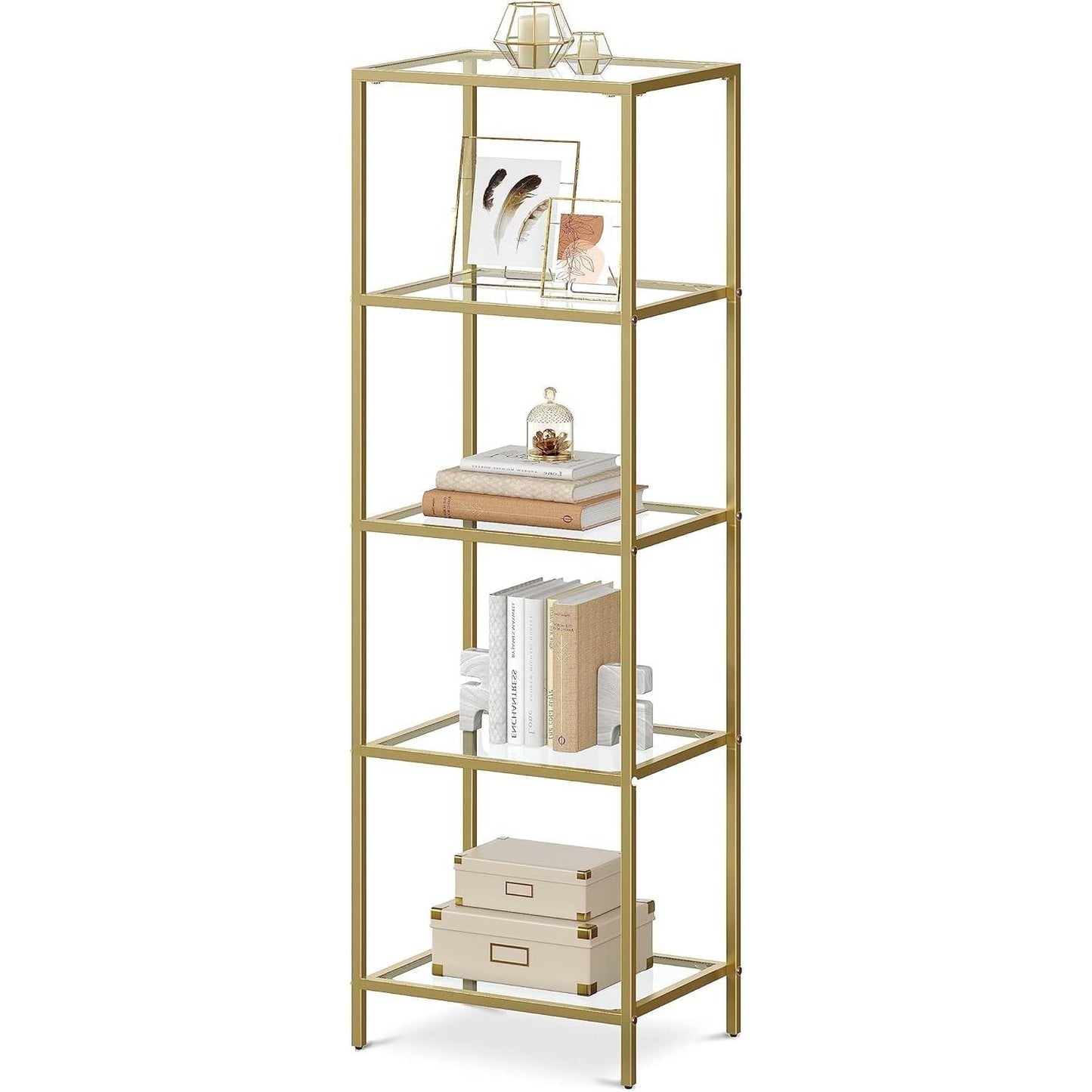 Narrow Gold Metal Frame Glass Shelves Shelving Unit Slim 4-Shelf Bookcase LuxuryLifeWay Online Store
