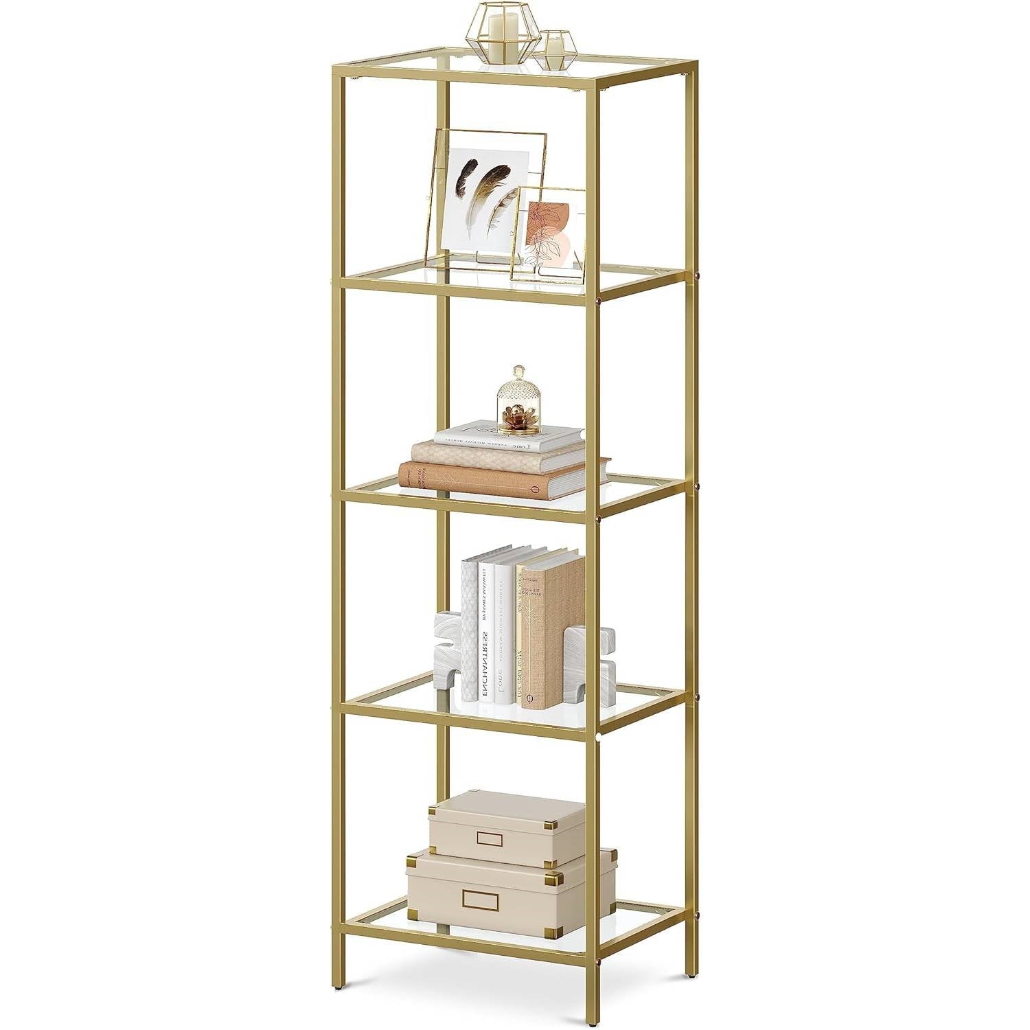 Narrow Gold Metal Frame Glass Shelves Shelving Unit Slim 4-Shelf Bookcase LuxuryLifeWay Online Store