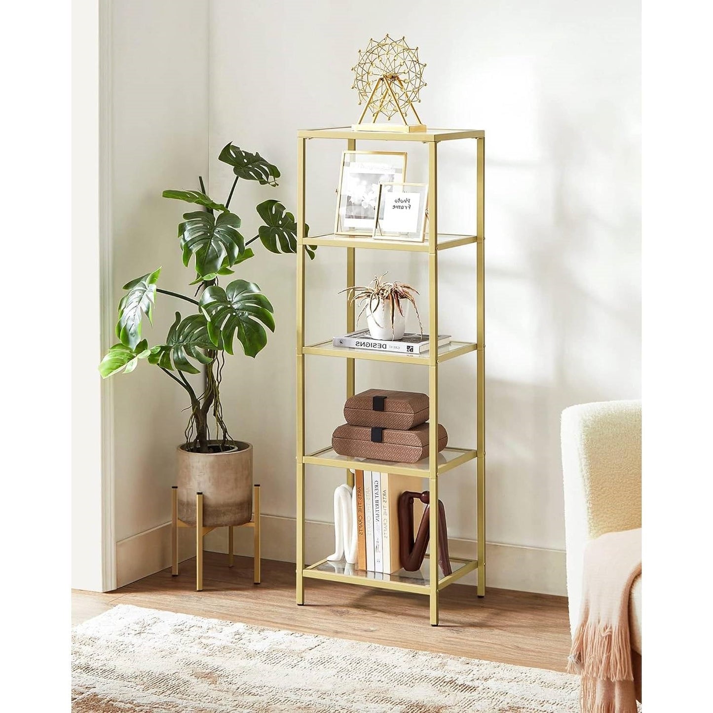 Narrow Gold Metal Frame Glass Shelves Shelving Unit Slim 4-Shelf Bookcase LuxuryLifeWay Online Store