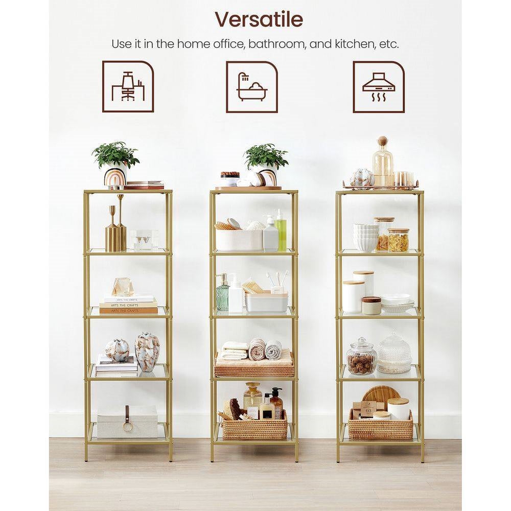 Narrow Gold Metal Frame Glass Shelves Shelving Unit Slim 4-Shelf Bookcase LuxuryLifeWay Online Store
