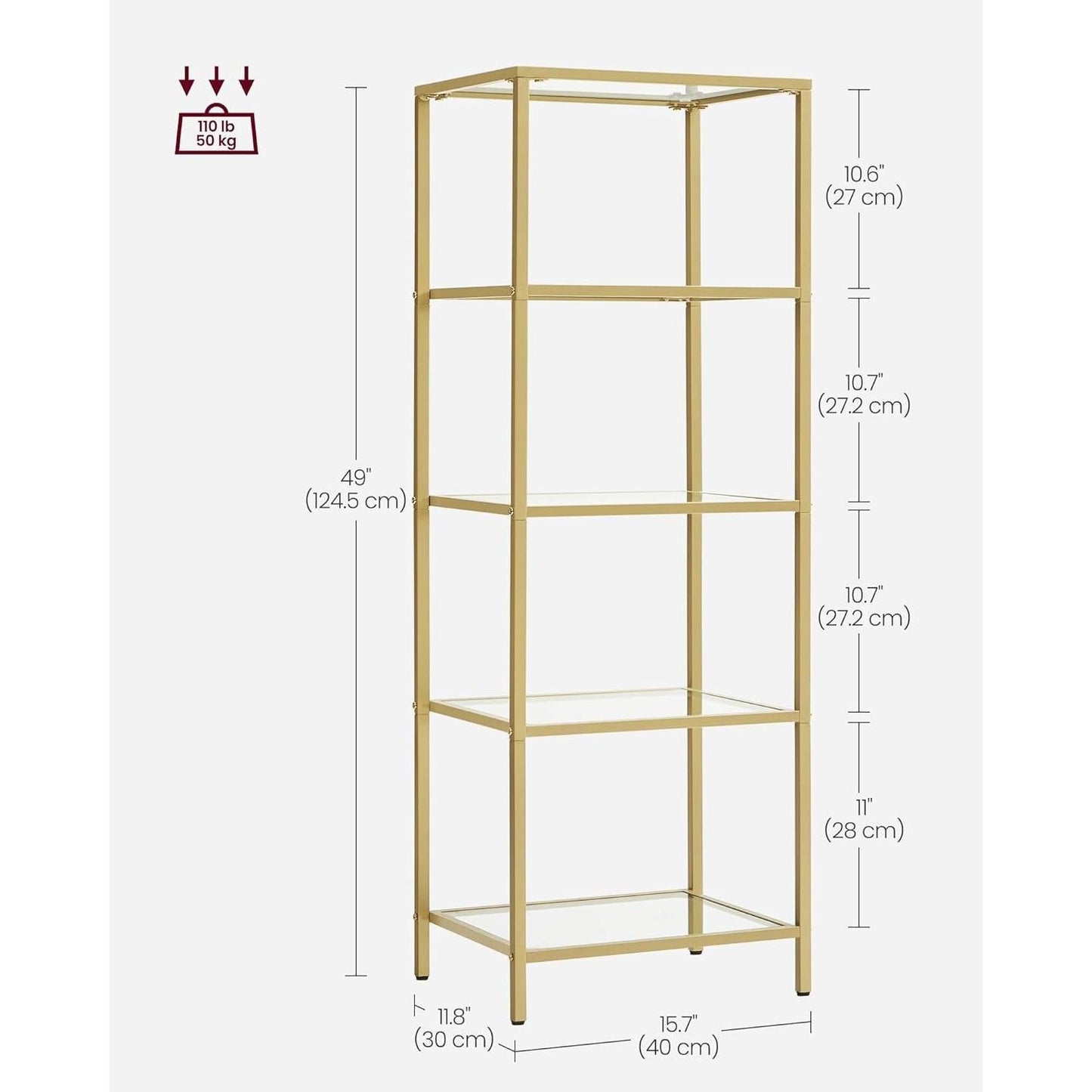 Narrow Gold Metal Frame Glass Shelves Shelving Unit Slim 4-Shelf Bookcase LuxuryLifeWay Online Store