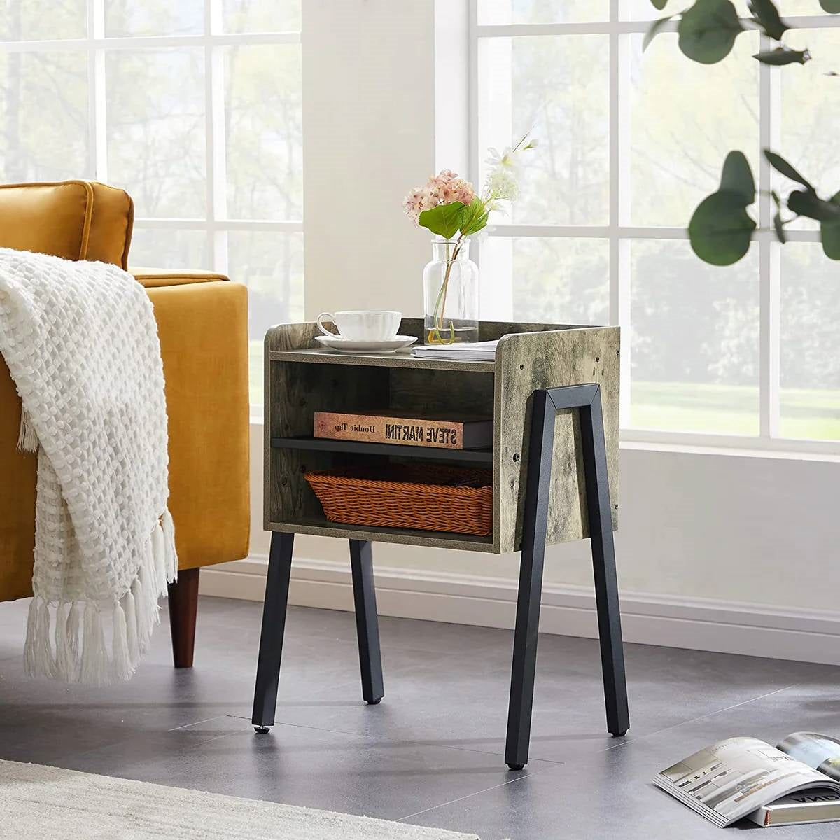 Modern Industrial Grey Wood Black Metal Side Table Nightstand End Table LuxuryLifeWay Online Store