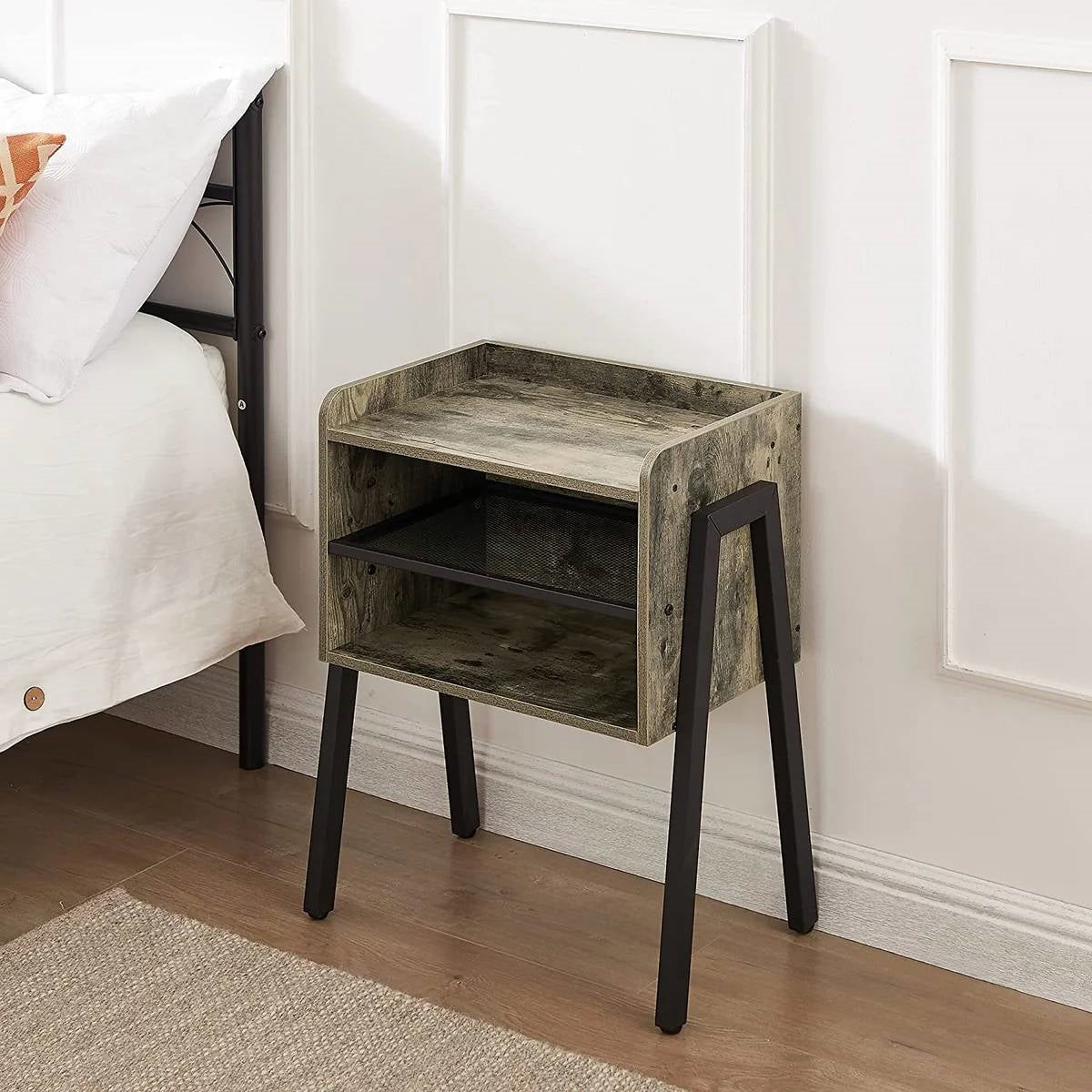 Modern Industrial Grey Wood Black Metal Side Table Nightstand End Table LuxuryLifeWay Online Store