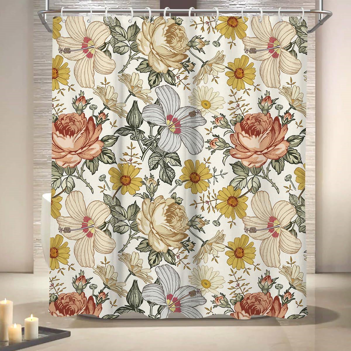 72"W x 72"H Vintage Floral Peony Yellow/Pink Polyester Shower Curtain