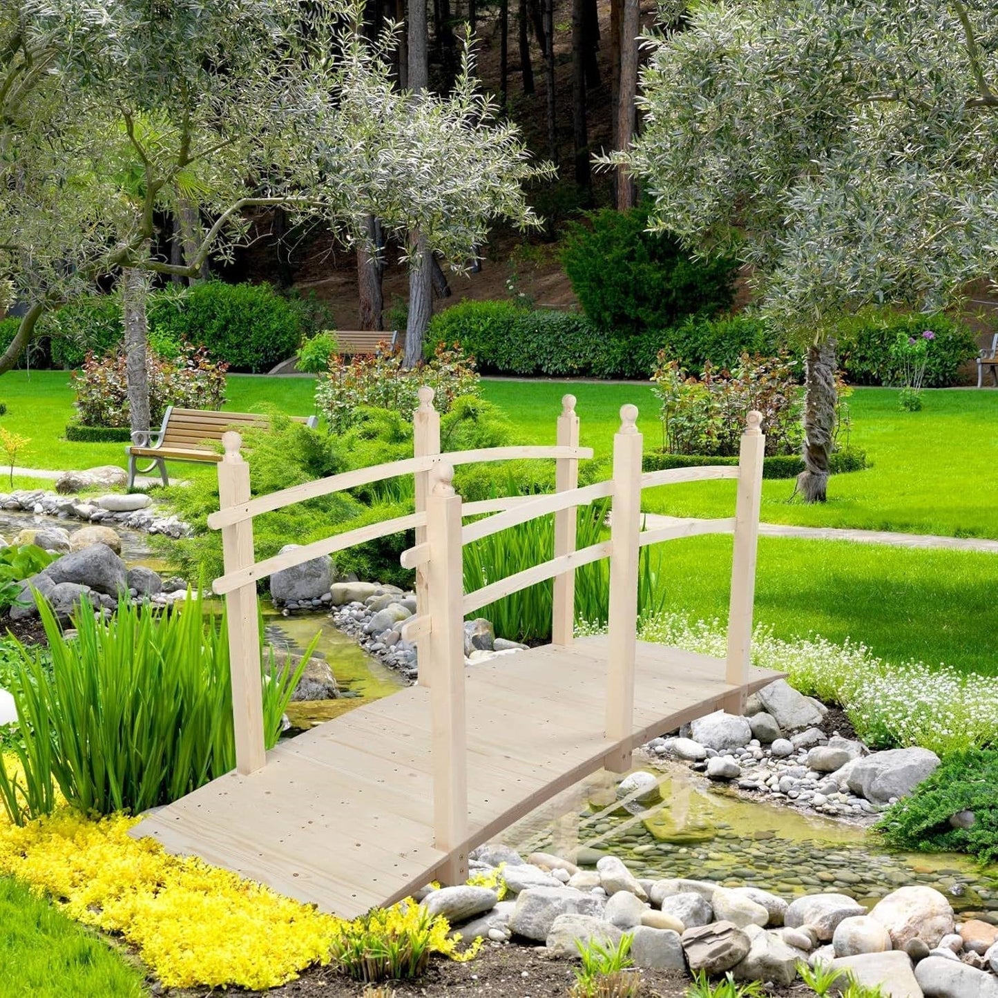 Outdoor 7.5-Ft Wooden Garden Bridge in Natural Wood Finish LuxuryLifeWay Online Store