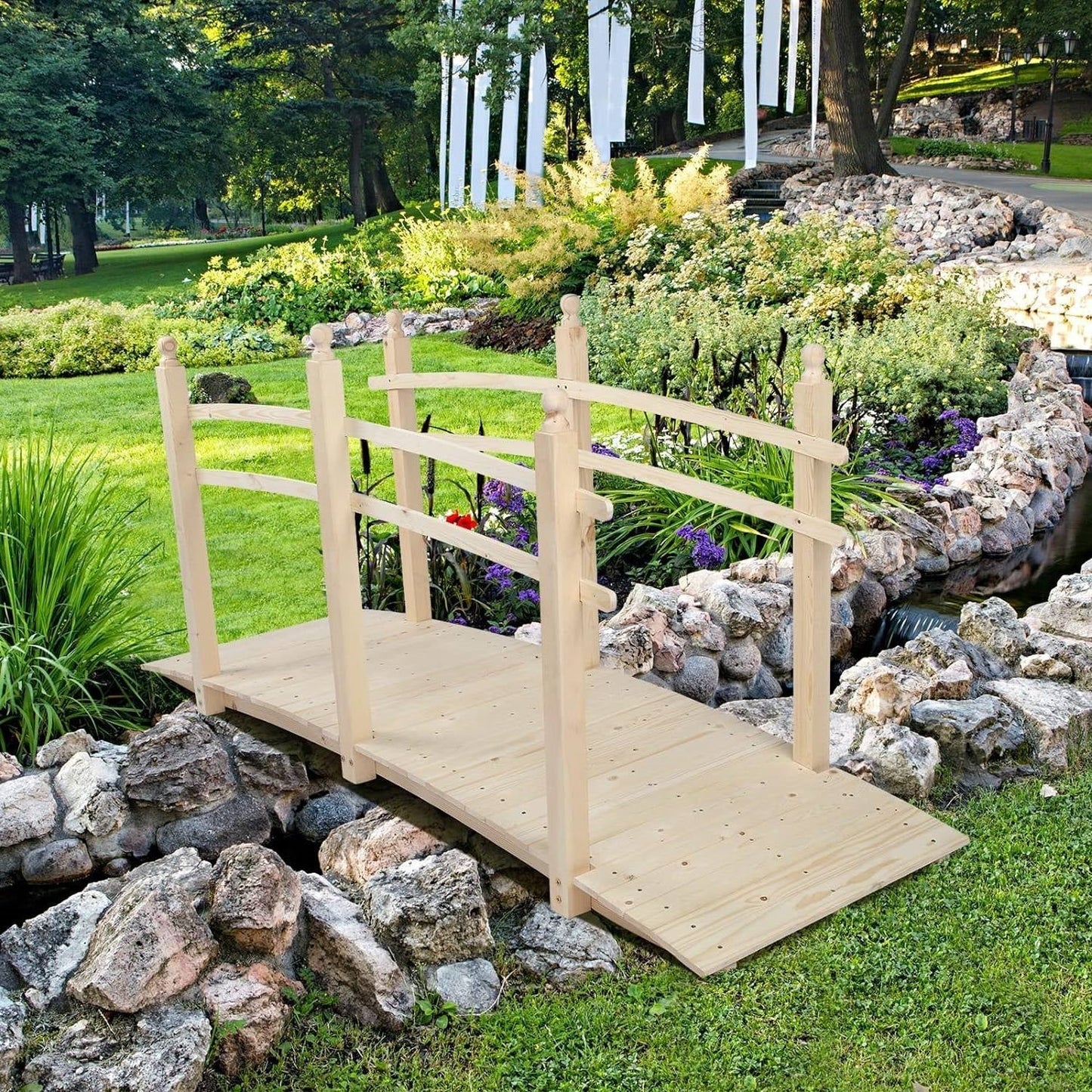 Outdoor 7.5-Ft Wooden Garden Bridge in Natural Wood Finish LuxuryLifeWay Online Store