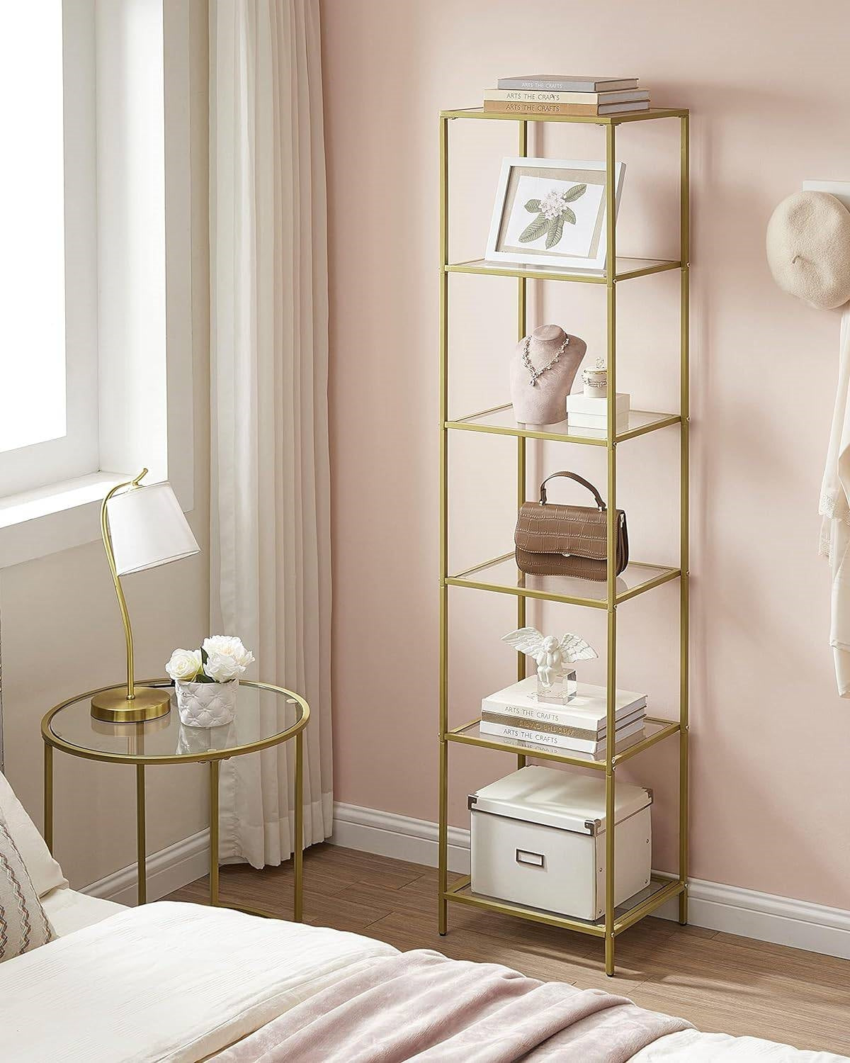 Narrow Glass Shelf Bookcase Bedroom Living Office Bath Storage Unit in Gold LuxuryLifeWay Online Store