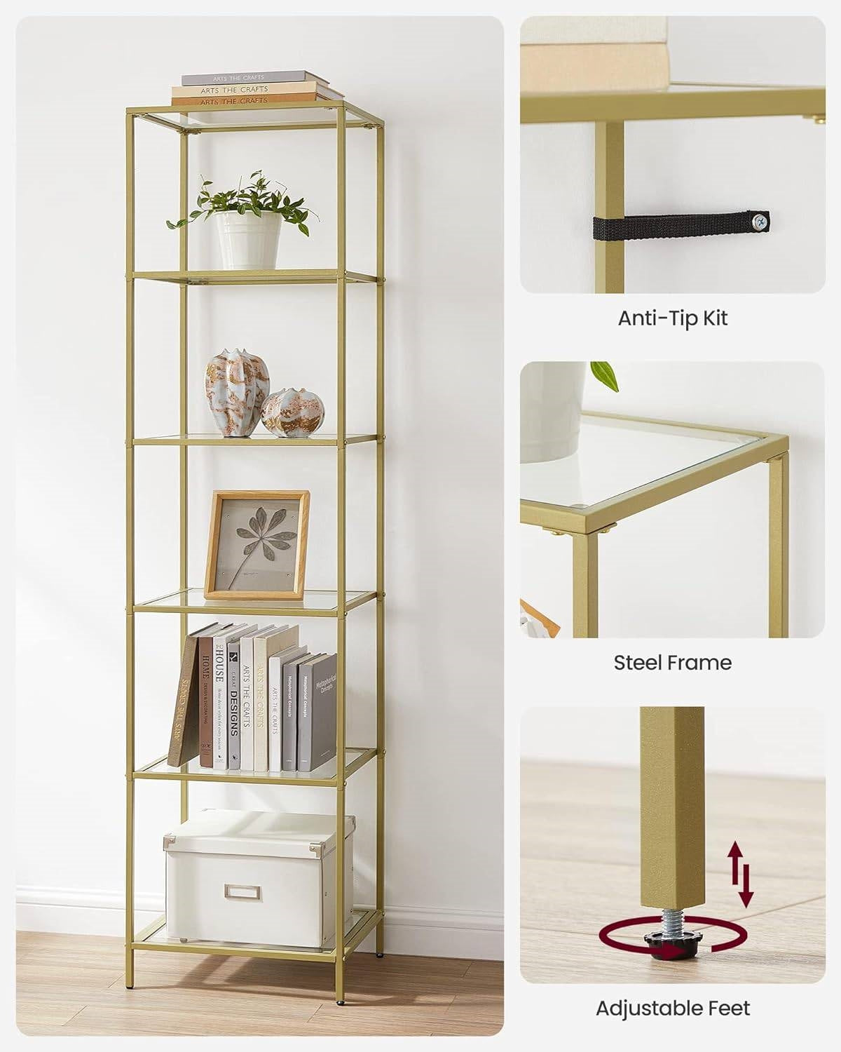 Narrow Glass Shelf Bookcase Bedroom Living Office Bath Storage Unit in Gold LuxuryLifeWay Online Store