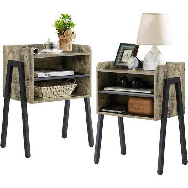 Set of 2 Modern Industrial Grey Wood Black Metal Side Table Nightstand End Table LuxuryLifeWay Online Store