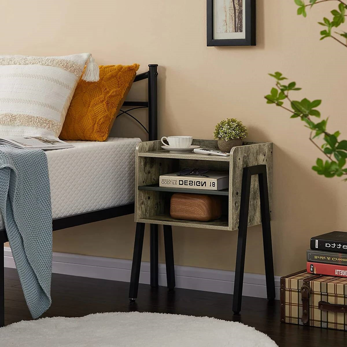 Set of 2 Modern Industrial Grey Wood Black Metal Side Table Nightstand End Table LuxuryLifeWay Online Store