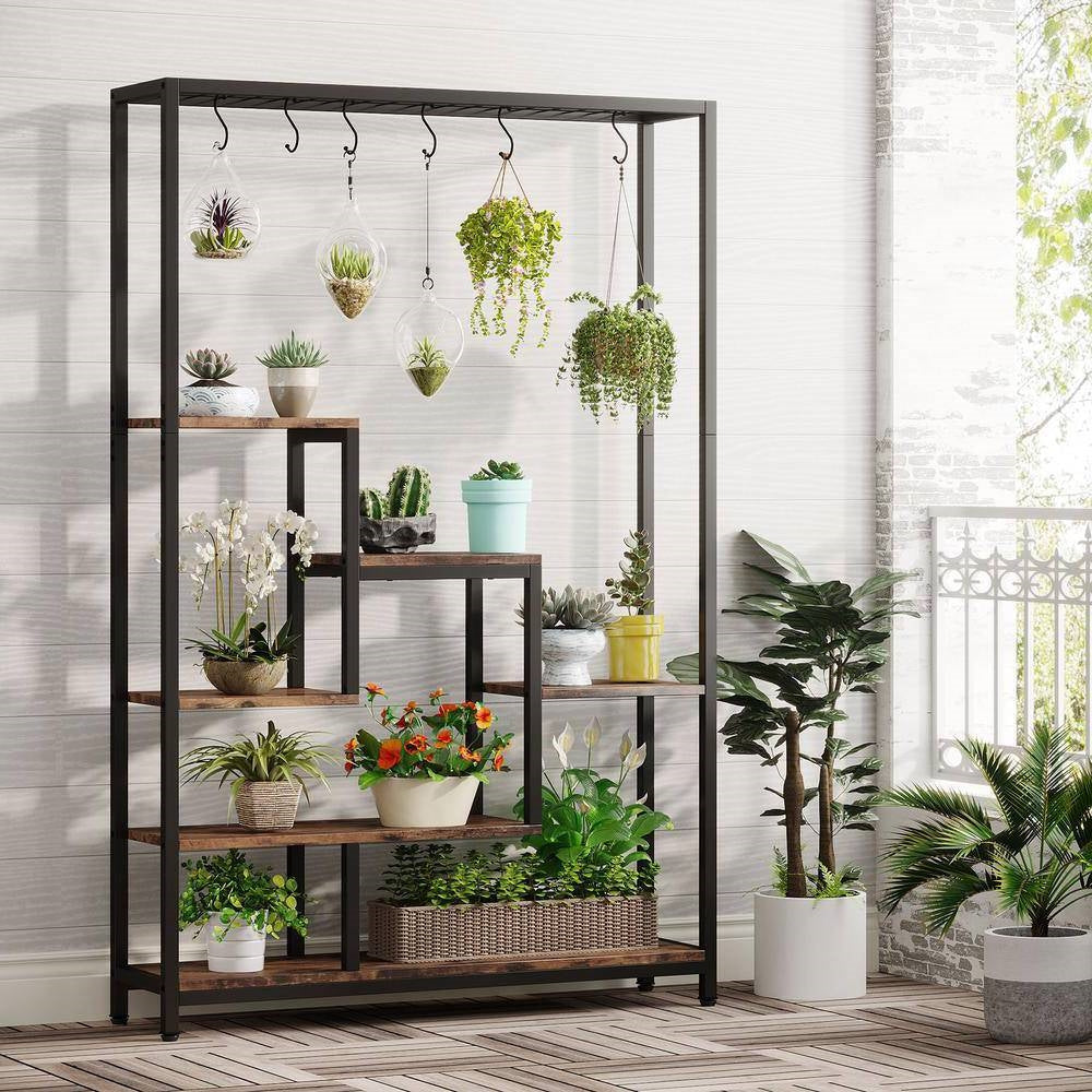 Modern Industrial Heavy Duty Metal Wood Plant Stand with 10 Hanging Hooks LuxuryLifeWay Online Store